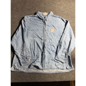 Longaberger Homestead Denim Button Down Shirt Blue Embroidered Basket Floral L